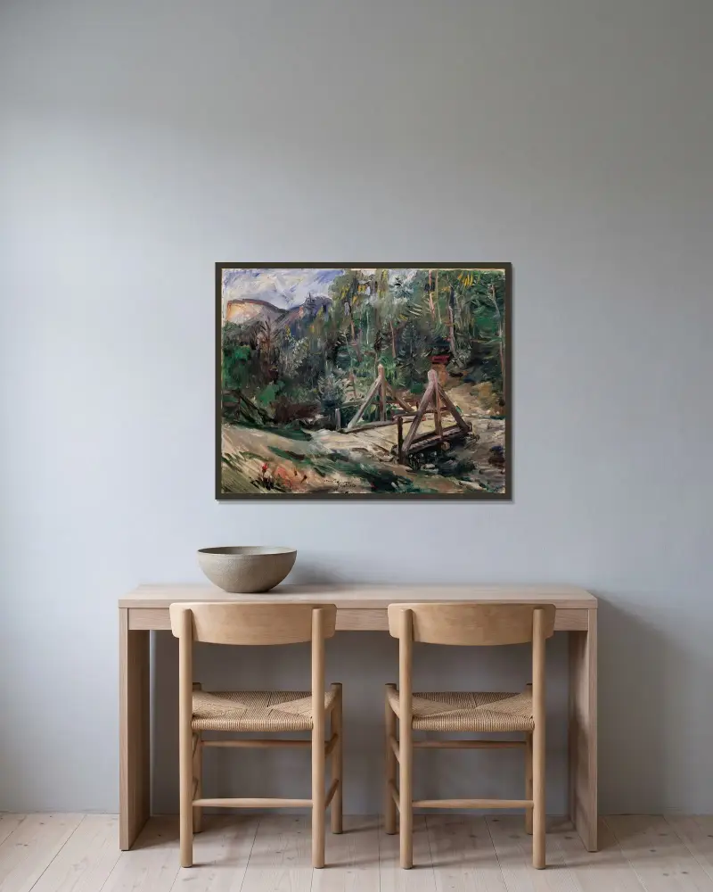 Tyrolskt landskap med bro av Lovis Corinth inramad på en vägg