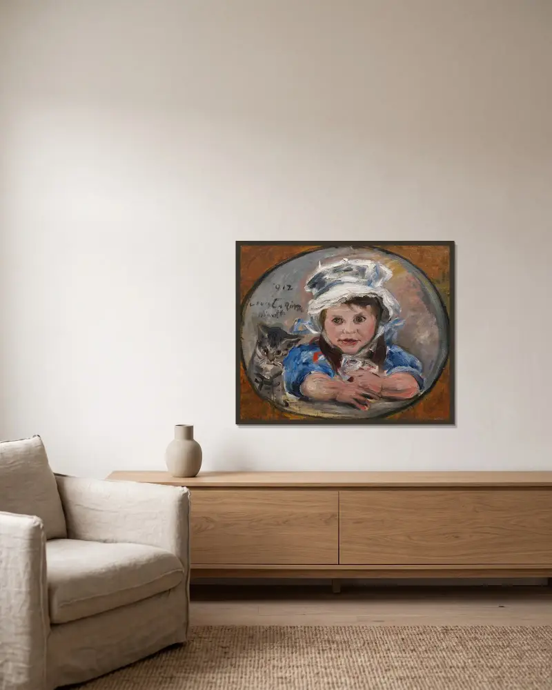 Dottern Wilhelmine med katten Mizelonde av Lovis Corinth inramad på en vägg