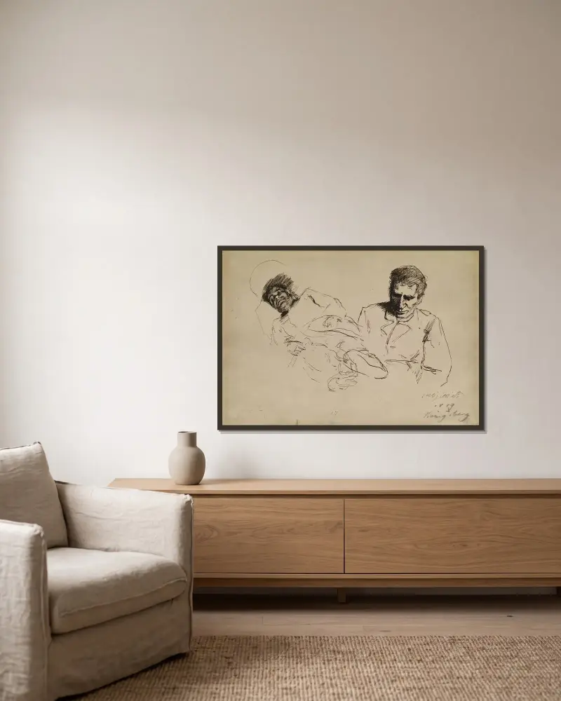Tuschskizze Männliches Halbporträt und nach links liegender Mann von Lovis Corinth gerahmt an einer Wand