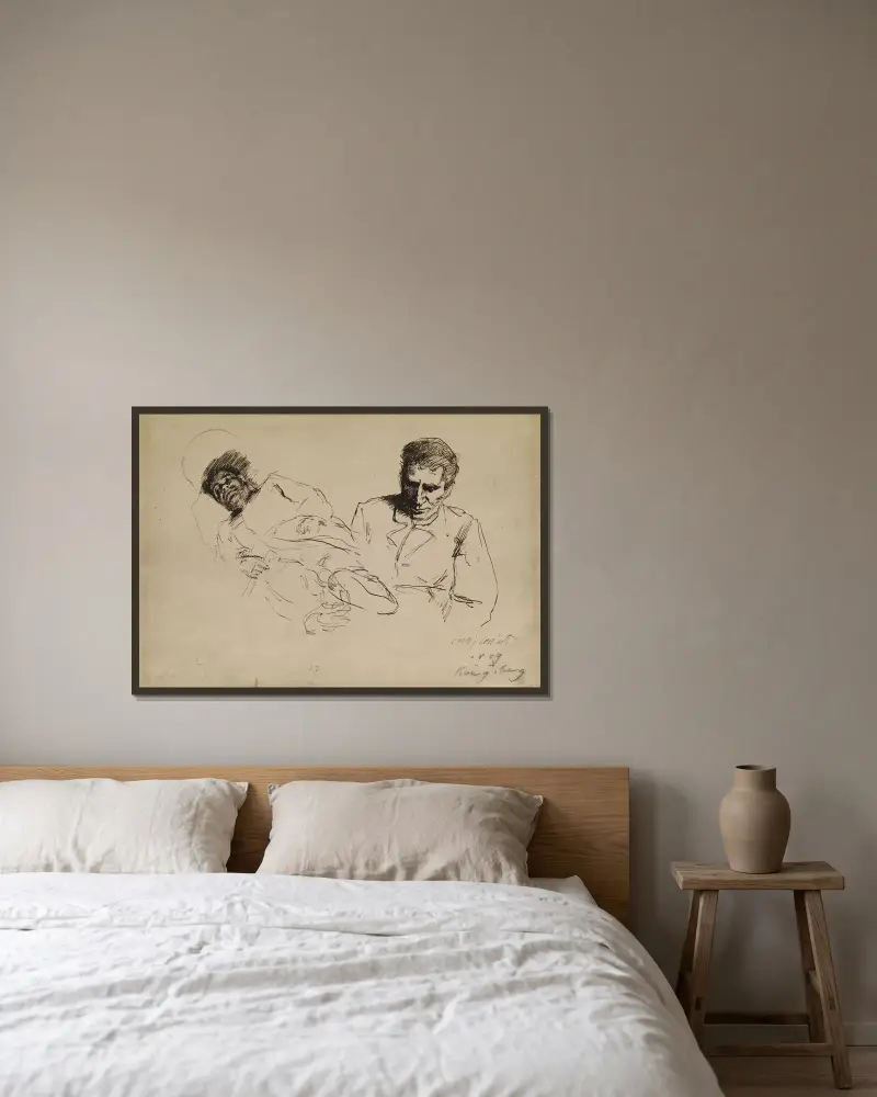 Tuschskizze Männliches Halbporträt und nach links liegender Mann von Lovis Corinth gerahmt an einer Wand