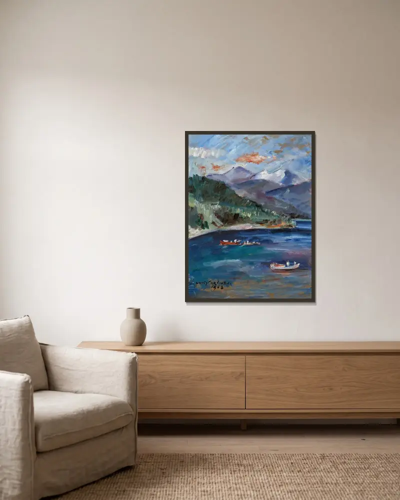 Walchensee mit roten Booten von Lovis Corinth gerahmt an einer Wand