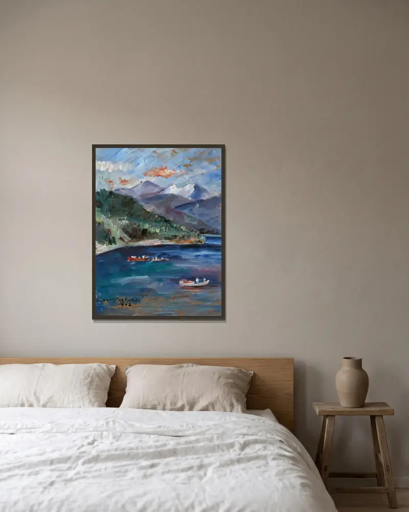 Walchensee mit roten Booten von Lovis Corinth gerahmt an einer Wand