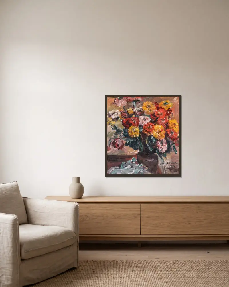 Zinnien von Lovis Corinth gerahmt an einer Wand