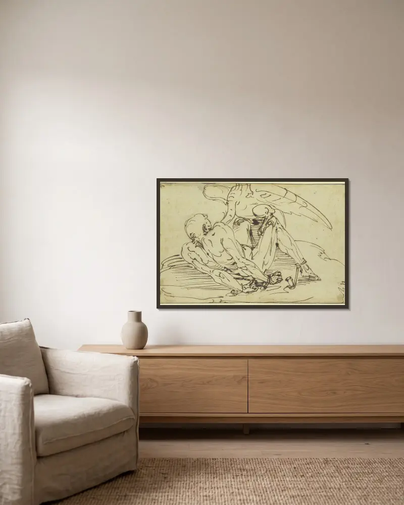 Der an den Felsen geschmiedete Prometheus mit dem Adler av Luca Cambiaso inramad på en vägg