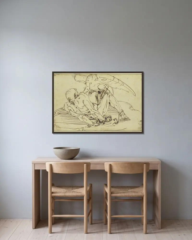 Der an den Felsen geschmiedete Prometheus mit dem Adler av Luca Cambiaso inramad på en vägg