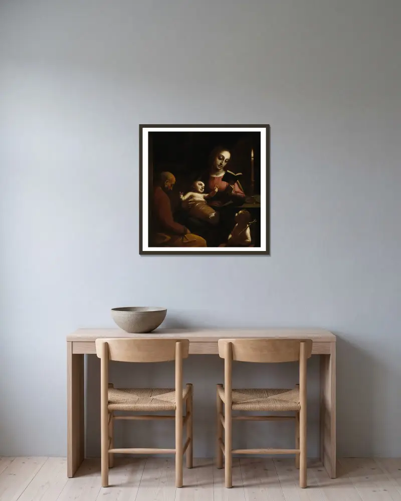 Holy Family with St John the Baptist av Luca Cambiaso inramad på en vägg