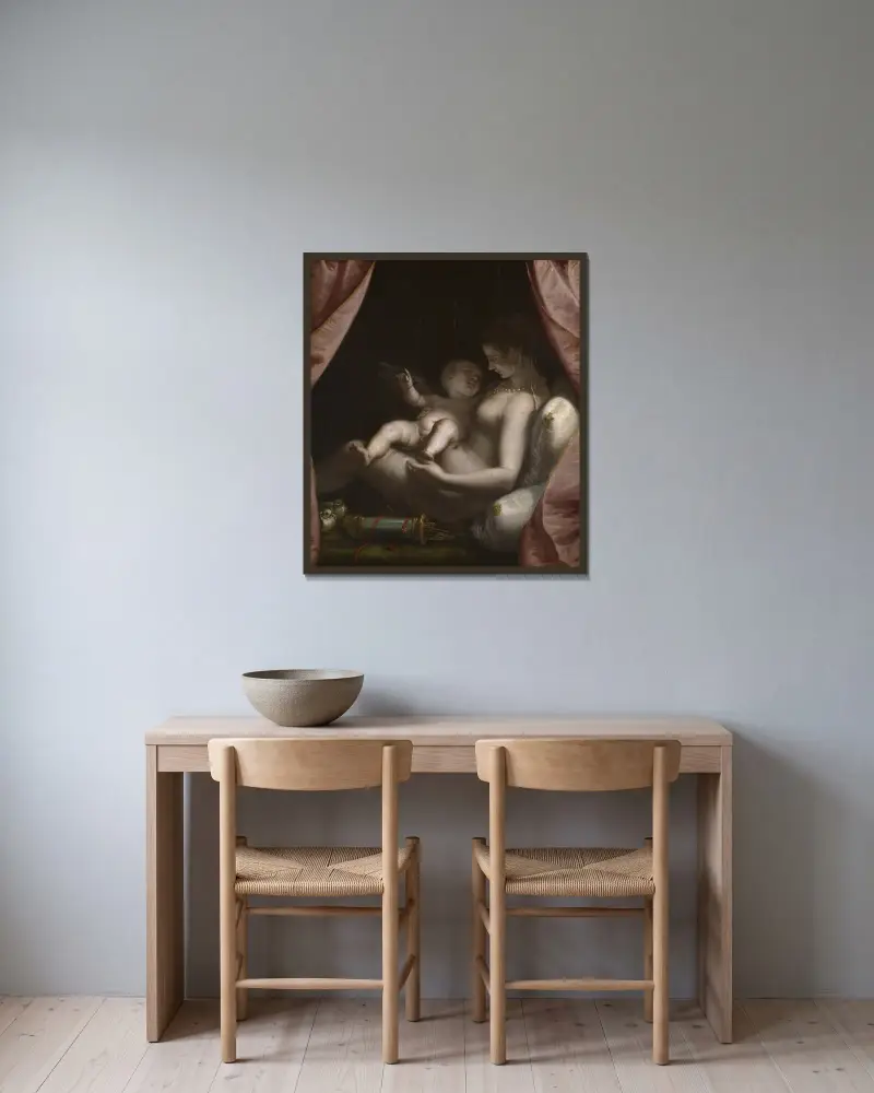 Venus och Amor av Luca Cambiaso inramad på en vägg
