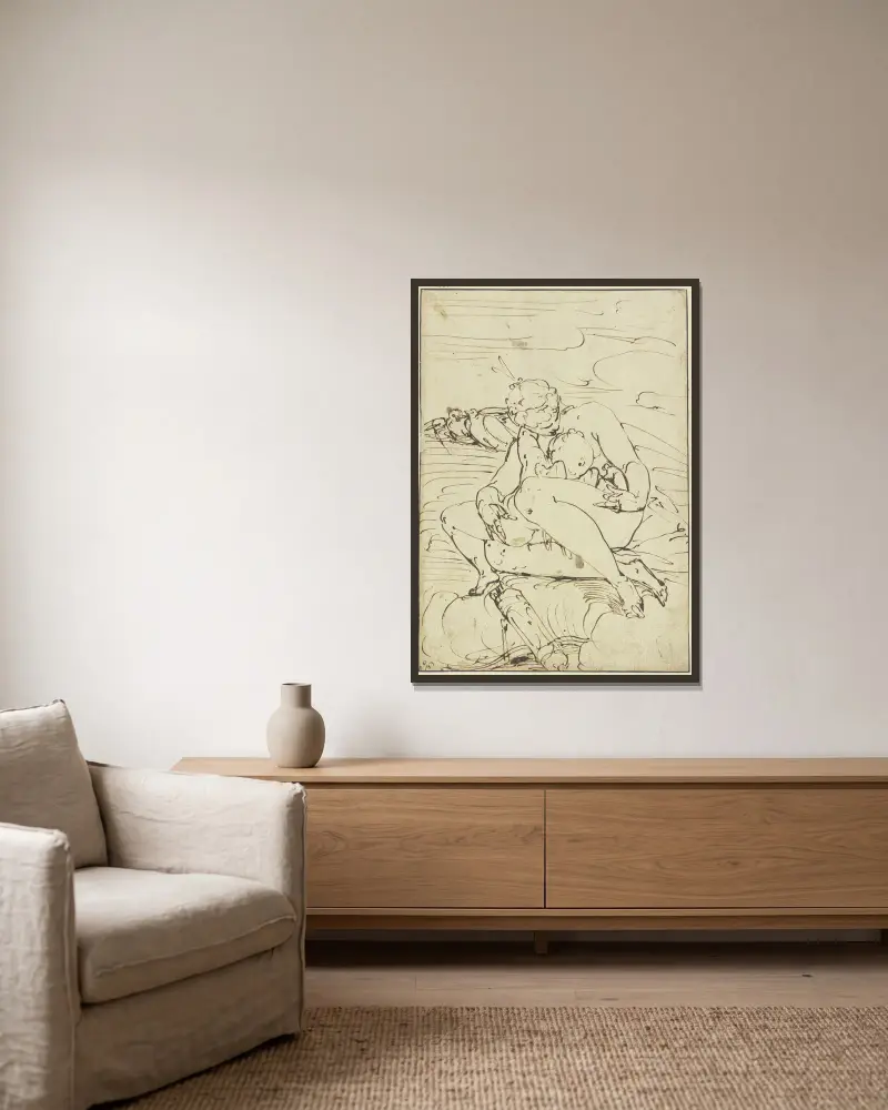 Venus, Amor liebkosend von Luca Cambiaso gerahmt an einer Wand