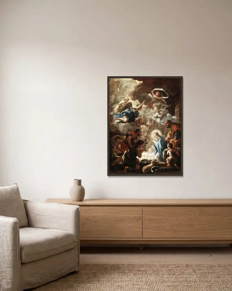 Adoration of the Shepherds av Luca Giordano inramad på en vägg
