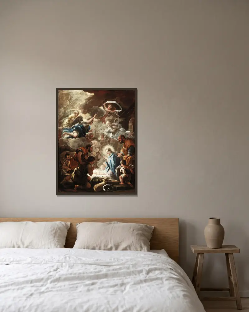 Adoration of the Shepherds av Luca Giordano inramad på en vägg