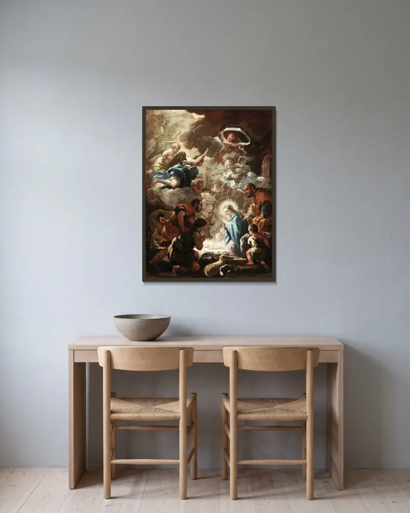 Adoration of the Shepherds av Luca Giordano inramad på en vägg