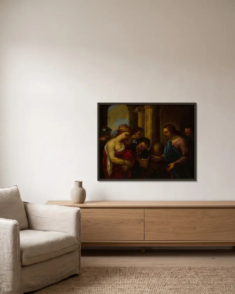 Kristus och äktenskapsbryterskan av Luca Giordano inramad på en vägg