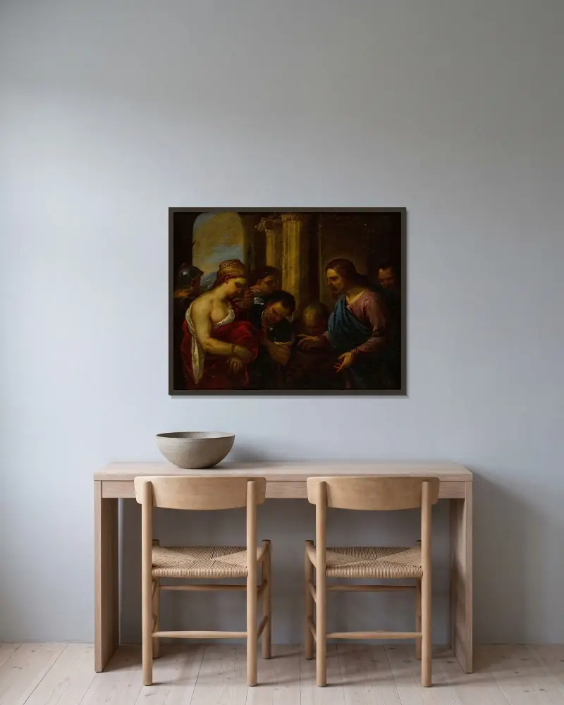 Kristus och äktenskapsbryterskan av Luca Giordano inramad på en vägg