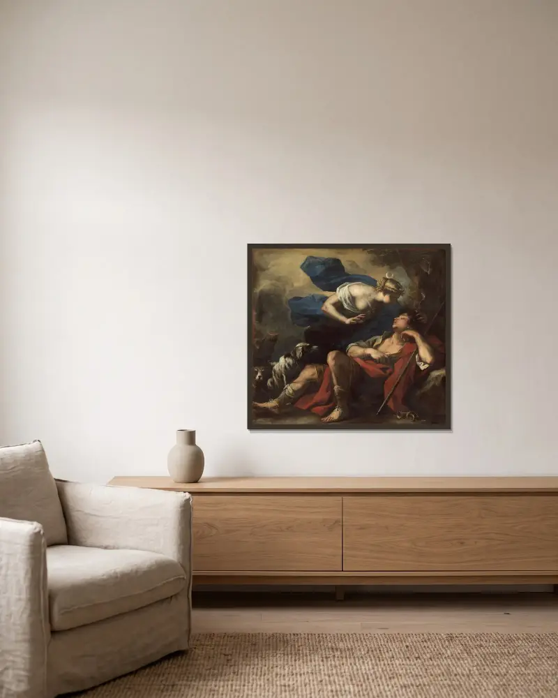 Diana och Endymion av Luca Giordano inramad på en vägg