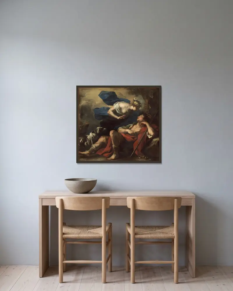 Diana och Endymion av Luca Giordano inramad på en vägg