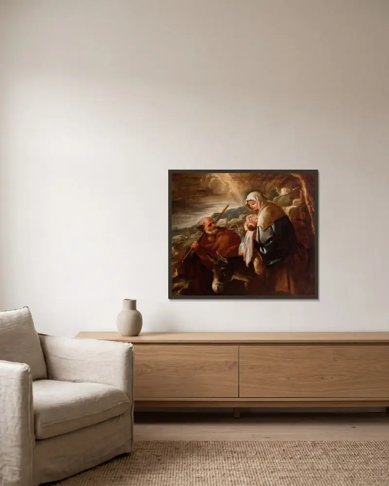 Die Flucht nach Ägypten, 1690 von Luca Giordano gerahmt an einer Wand