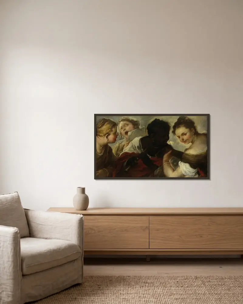 Fyra kvinnor som musicerar av Luca Giordano inramad på en vägg