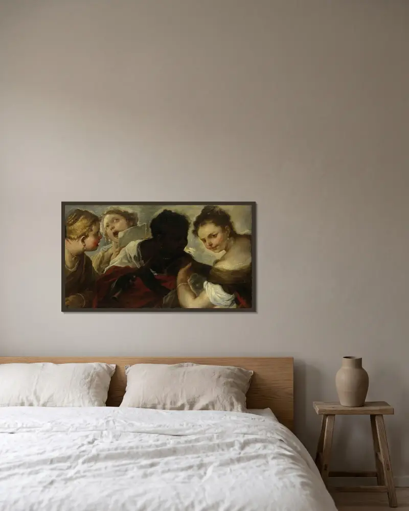 Fyra kvinnor som musicerar av Luca Giordano inramad på en vägg
