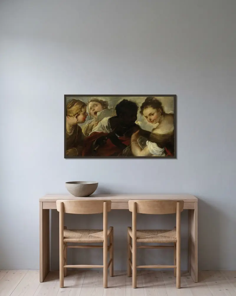 Fyra kvinnor som musicerar av Luca Giordano inramad på en vägg