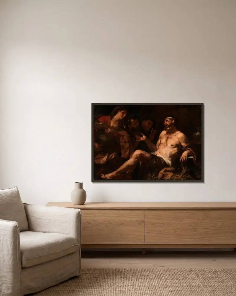 Job and His Comforters av Luca Giordano inramad på en vägg