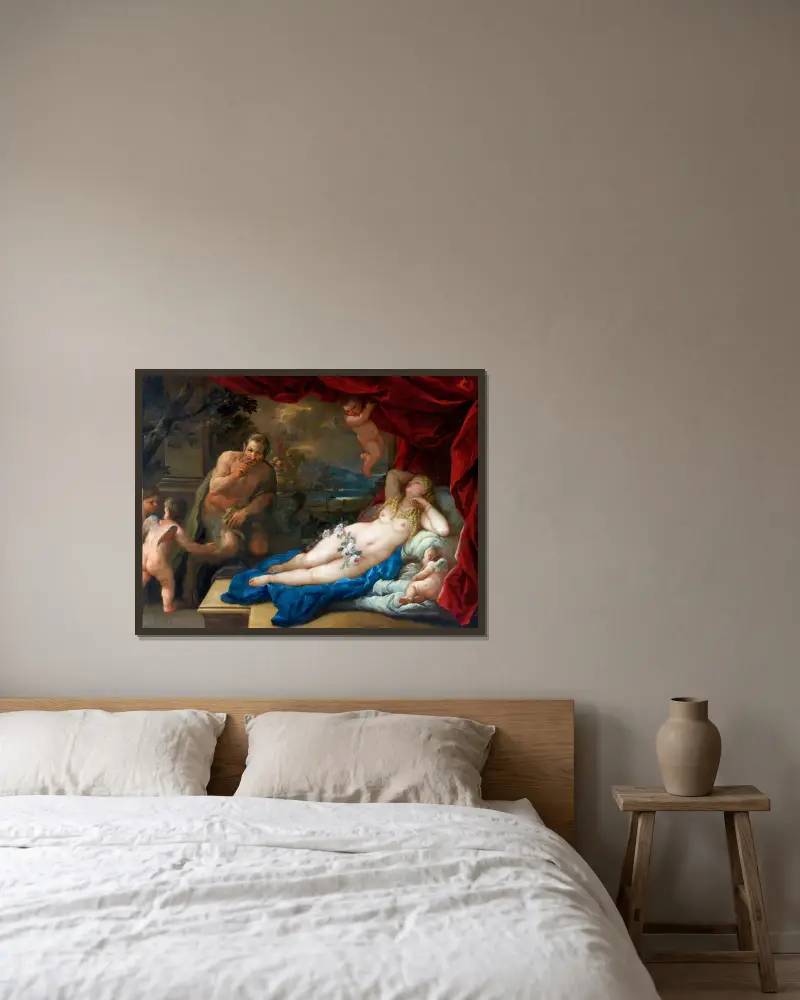 Jupiter And Antiope av Luca Giordano inramad på en vägg
