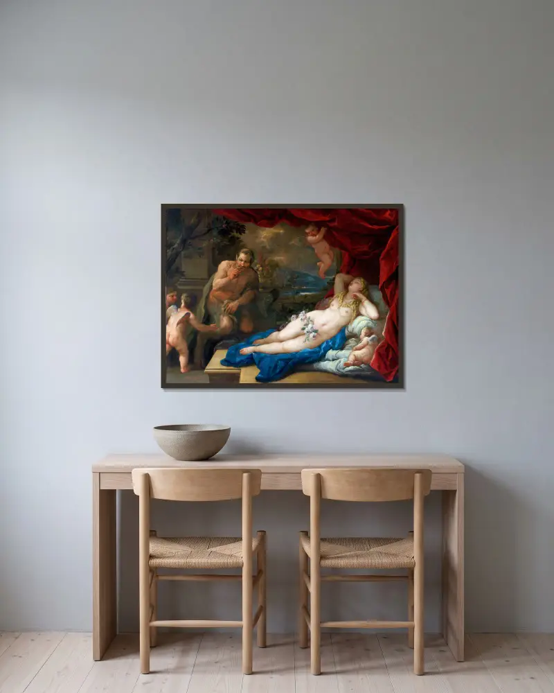 Jupiter And Antiope av Luca Giordano inramad på en vägg