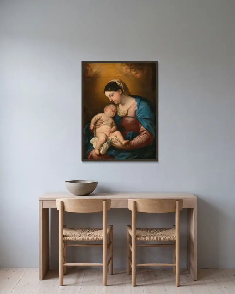 Madonna and Child av Luca Giordano inramad på en vägg