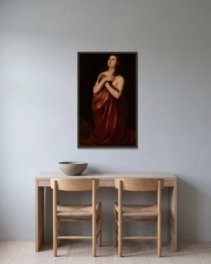Marie Magdalena i Murillos stil av Luca Giordano inramad på en vägg