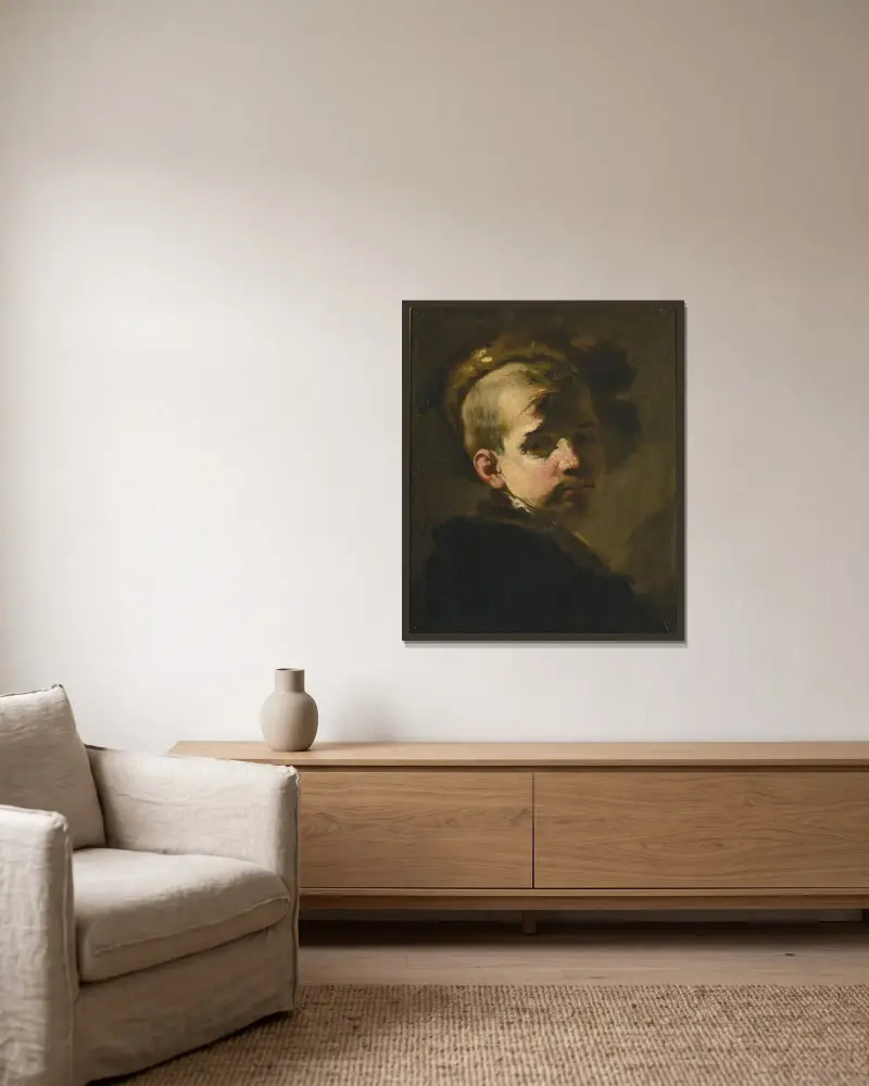 Porträtt av en pojke i pälsmössa av Luca Giordano inramad på en vägg