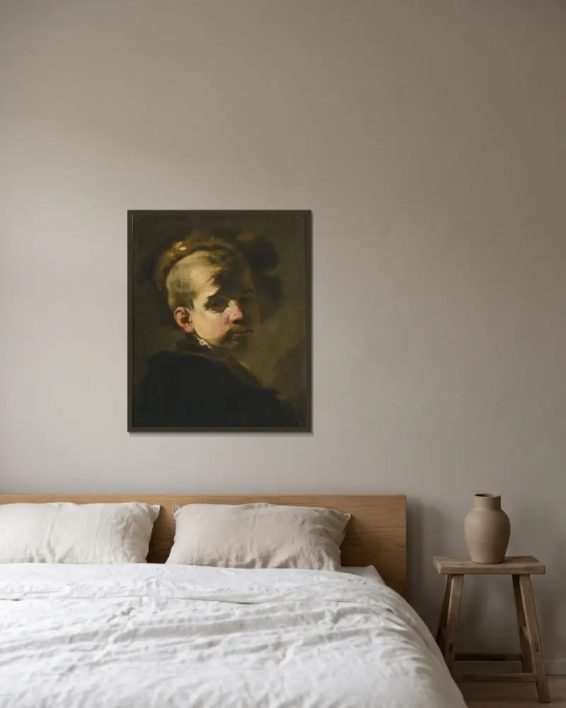 Porträtt av en pojke i pälsmössa av Luca Giordano inramad på en vägg