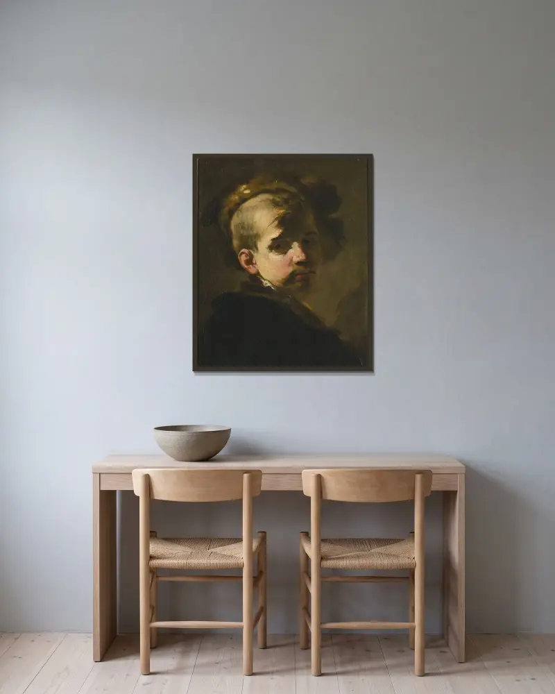 Porträtt av en pojke i pälsmössa av Luca Giordano inramad på en vägg