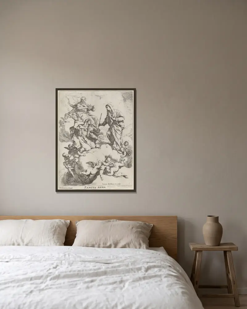 Die heilige Anna empfängt die Jungfrau und Christus von Luca Giordano gerahmt an einer Wand