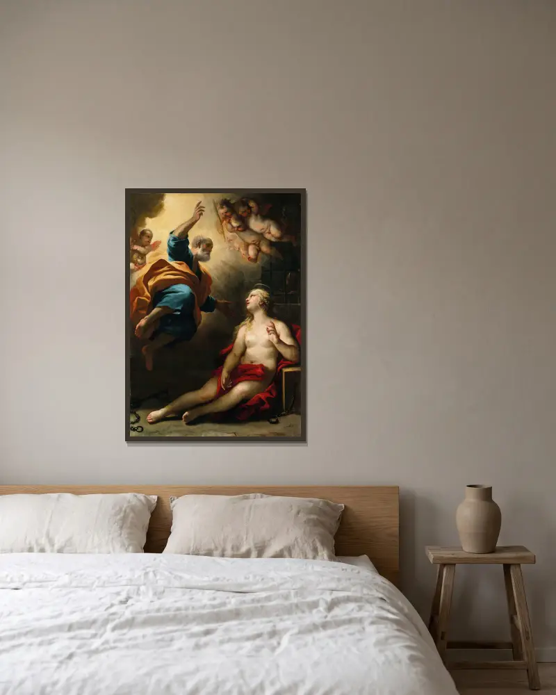 Saint Peter healing Saint Agatha av Luca Giordano inramad på en vägg