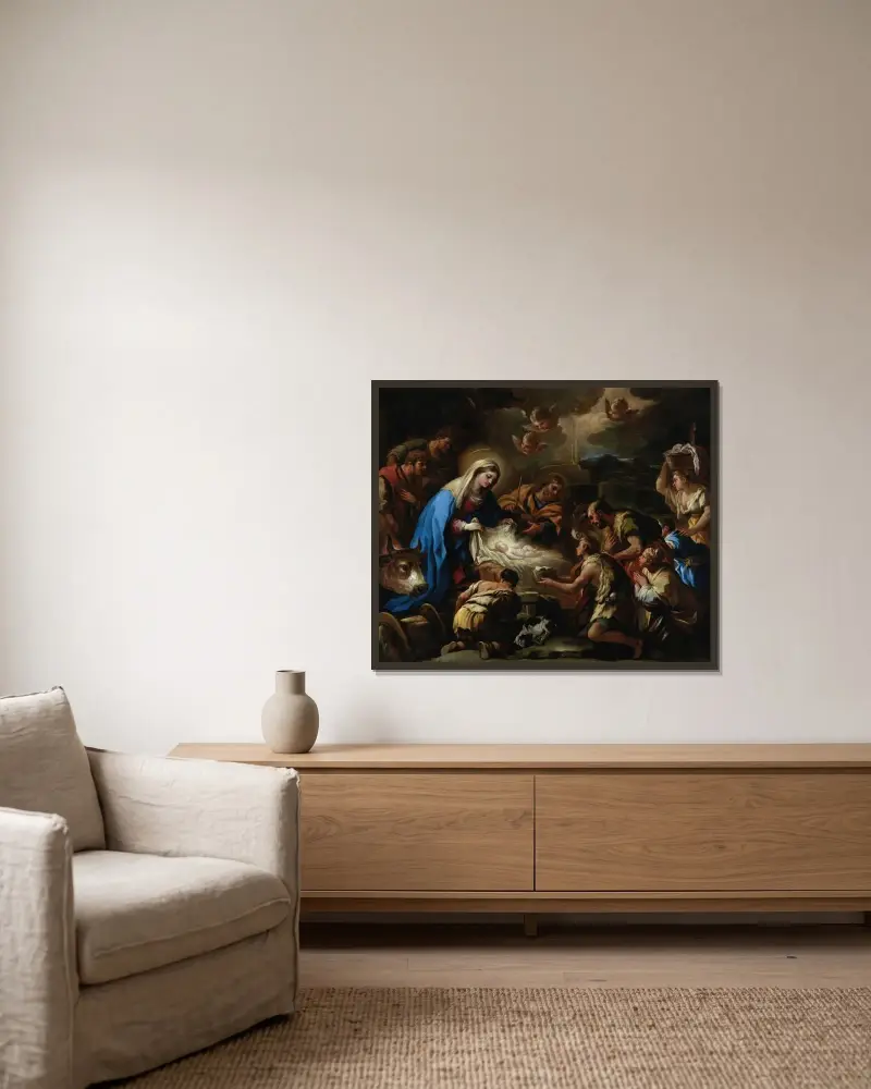 Herdarnas tillbedjan av Luca Giordano inramad på en vägg