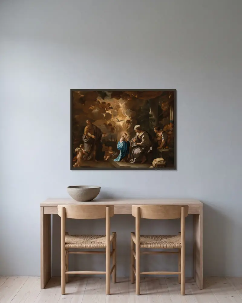 The Education of the Virgin av Luca Giordano inramad på en vägg