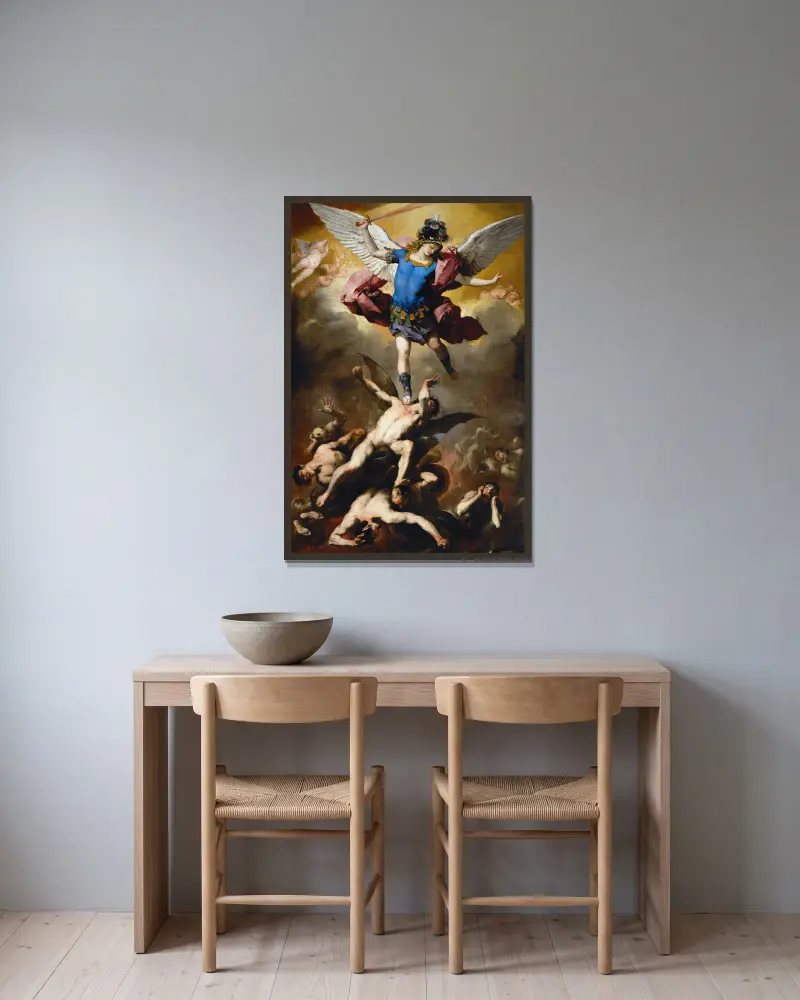 De upproriska änglarnas fall av Luca Giordano inramad på en vägg