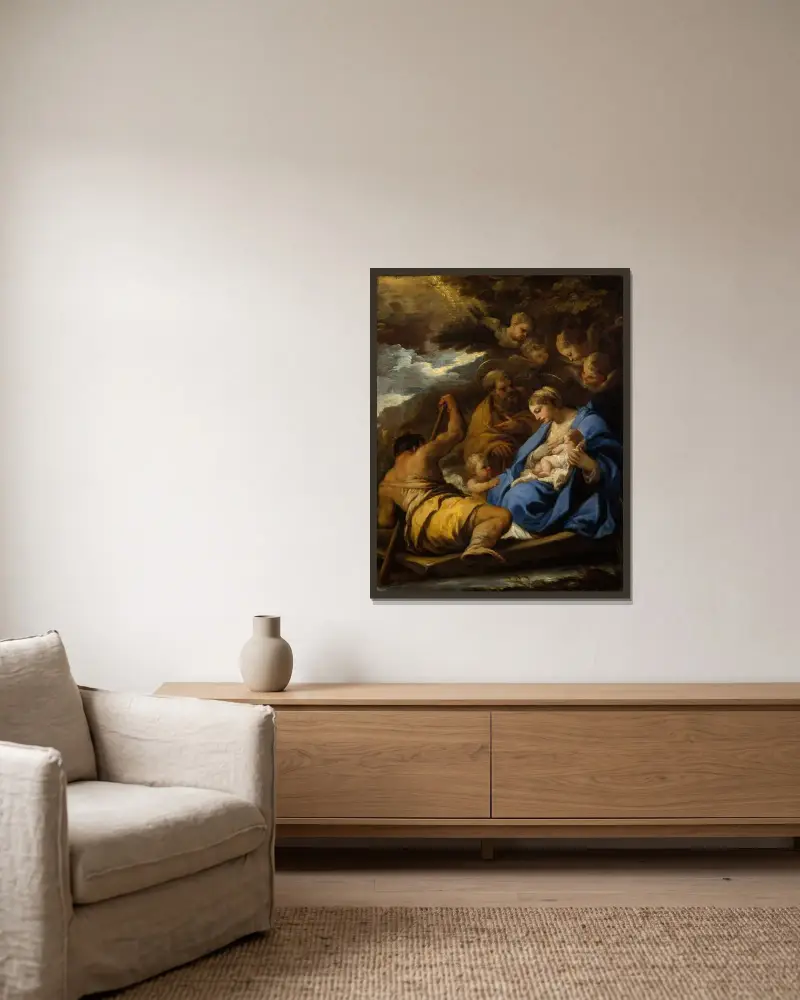 Die Flucht nach Ägypten von Luca Giordano gerahmt an einer Wand