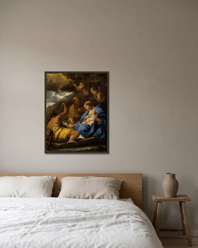Die Flucht nach Ägypten von Luca Giordano gerahmt an einer Wand