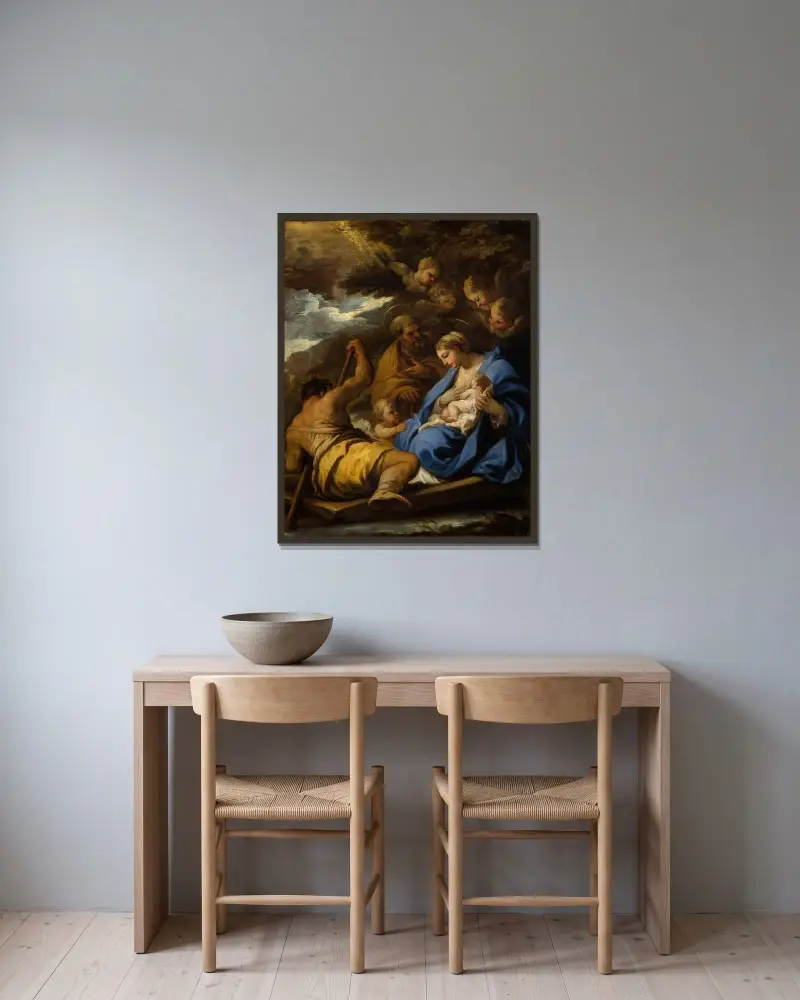 Die Flucht nach Ägypten von Luca Giordano gerahmt an einer Wand