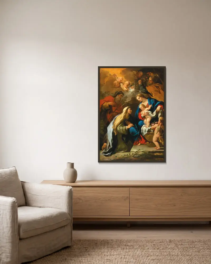 Den heliga familjen med Sankta Anna och Sankt Joakim av Luca Giordano inramad på en vägg