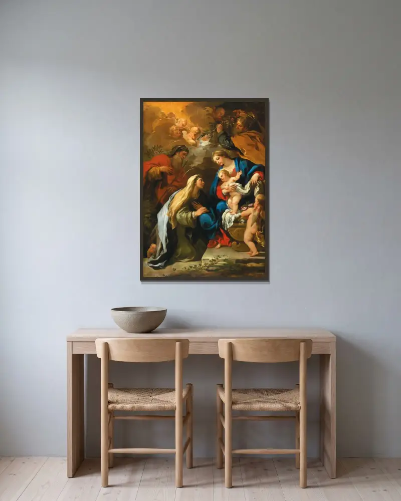 Den heliga familjen med Sankta Anna och Sankt Joakim av Luca Giordano inramad på en vägg