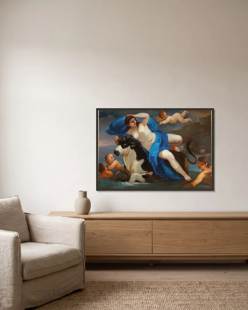 The Rape Of Europa av Luca Giordano inramad på en vägg