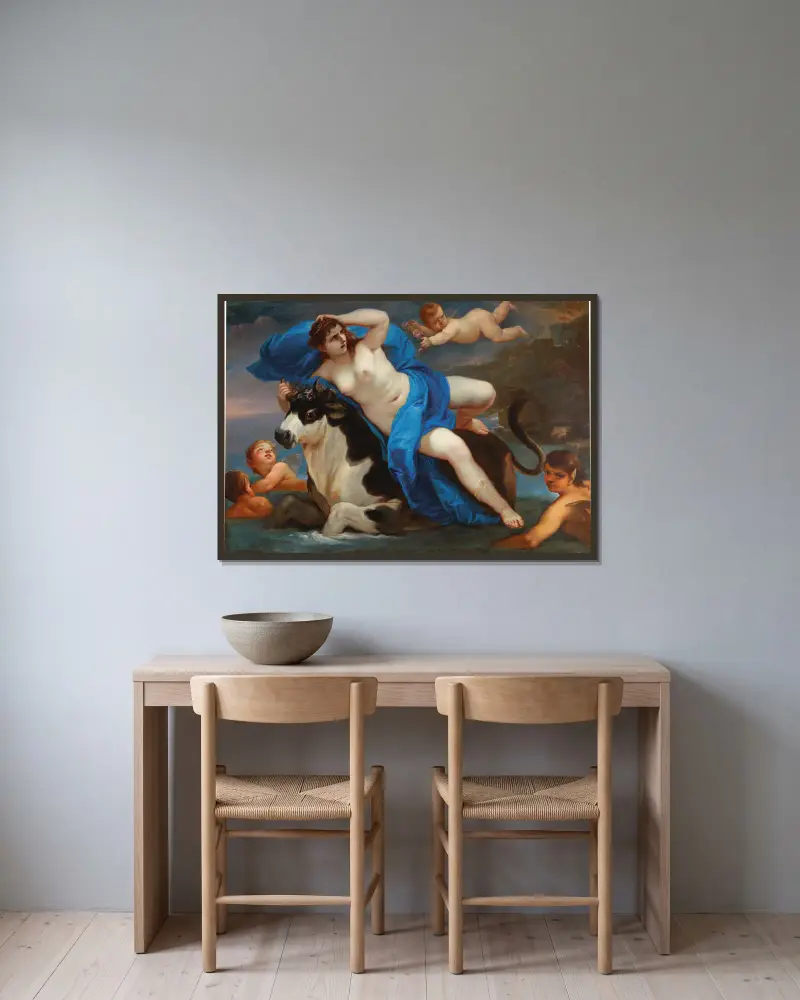 The Rape Of Europa av Luca Giordano inramad på en vägg