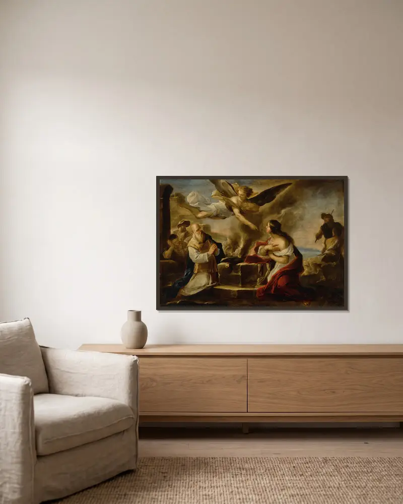 The Sacrifice Of Manoah av Luca Giordano inramad på en vägg