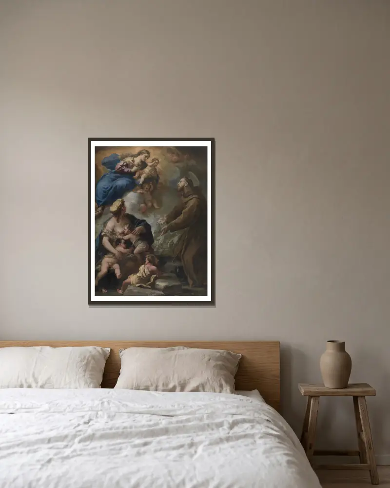 The Virgin and Child Appearing to Saint Francis of Assisi av Luca Giordano inramad på en vägg