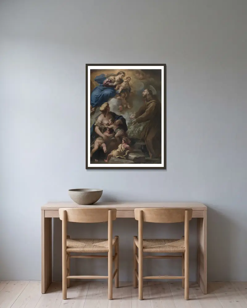 The Virgin and Child Appearing to Saint Francis of Assisi av Luca Giordano inramad på en vägg