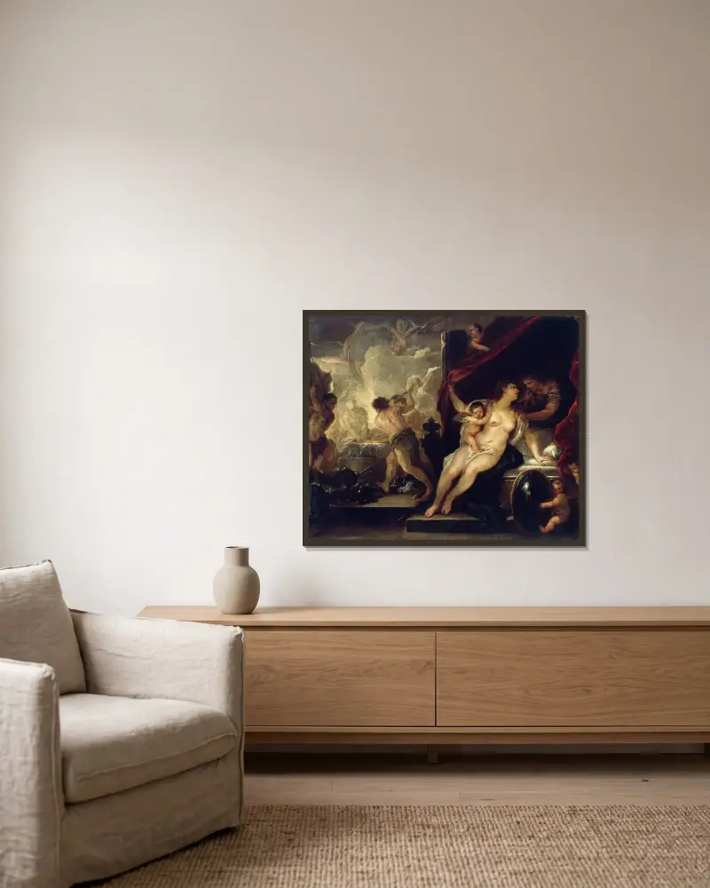 Venus, Mars och Vulcanus smedja av Luca Giordano inramad på en vägg