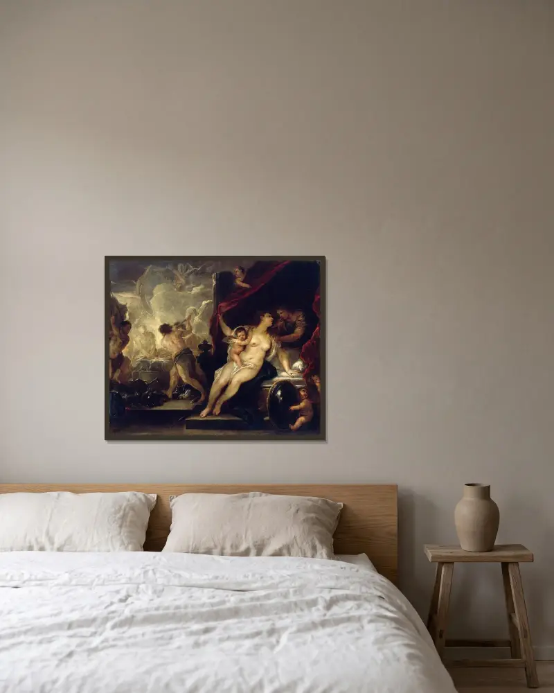 Venus, Mars och Vulcanus smedja av Luca Giordano inramad på en vägg