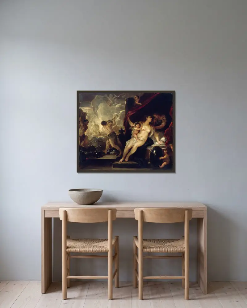Venus, Mars och Vulcanus smedja av Luca Giordano inramad på en vägg