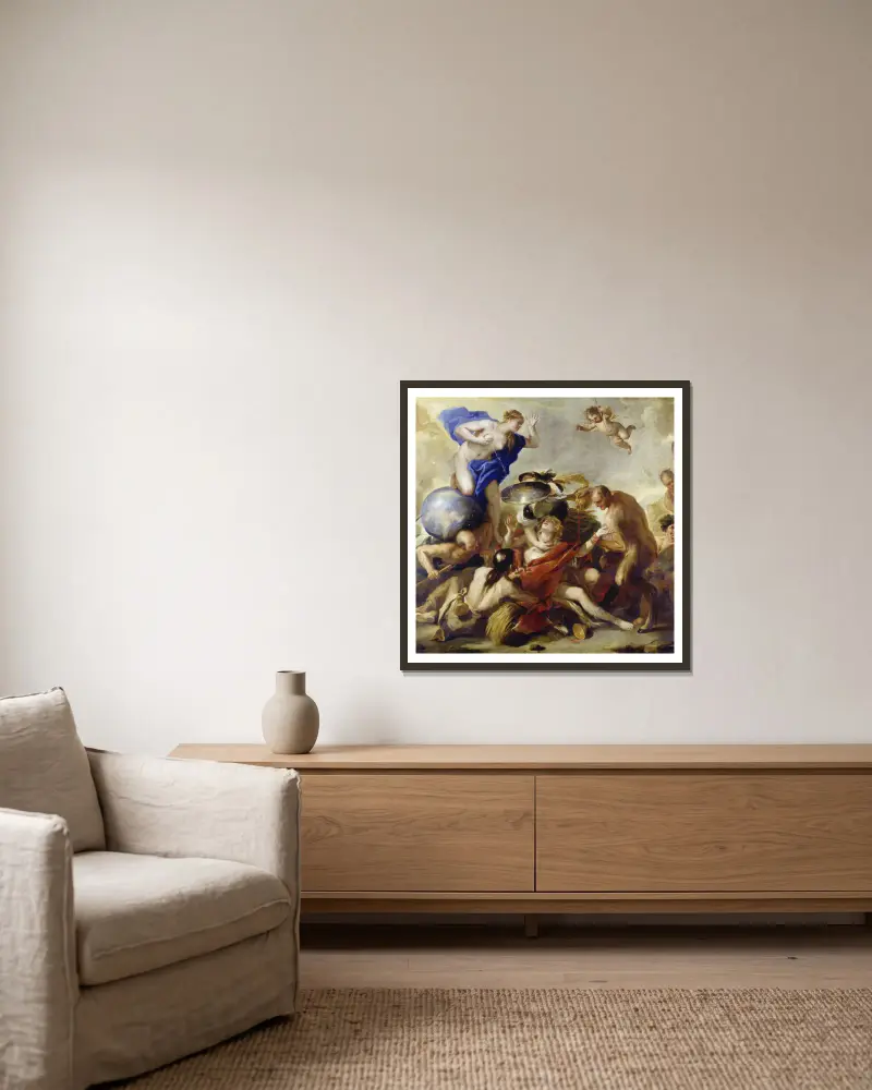 Youth Tempted by the Vices av Luca Giordano inramad på en vägg